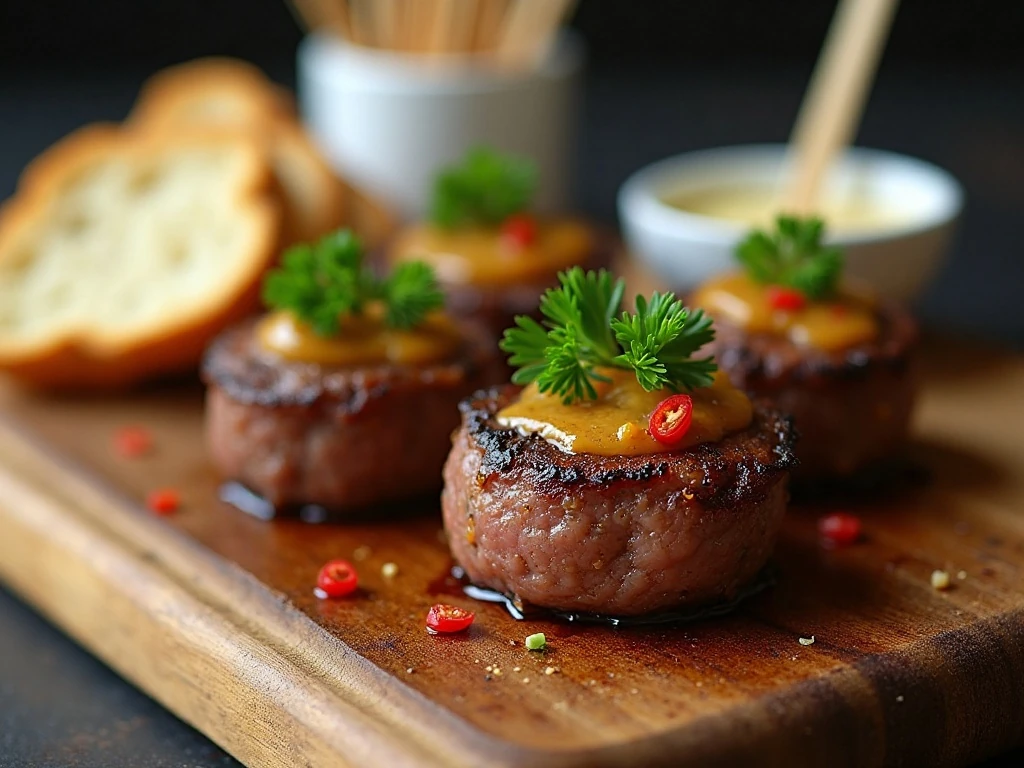Garlic butter steak bites served with bread, toothpicks, and dipping sauce