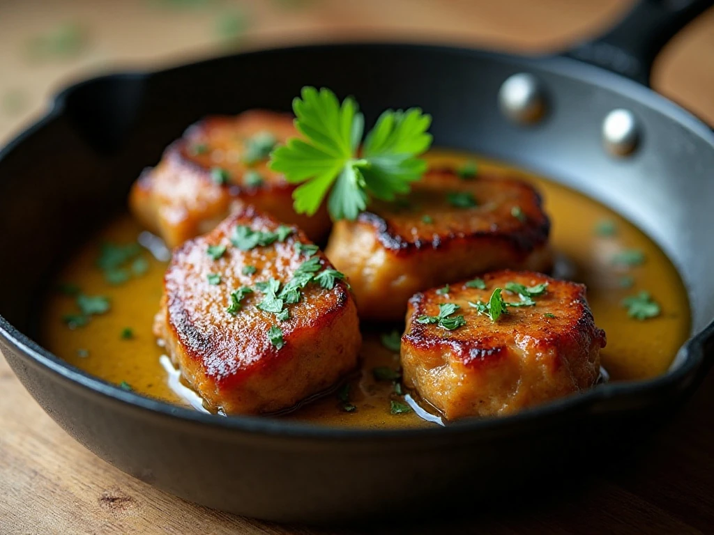 Garlic butter steak bites warmed in a skillet with parsley garnish