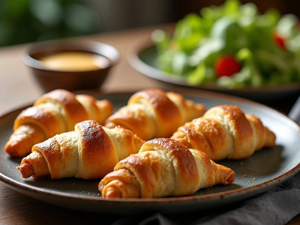 Golden steak and cheese crescent rolls served for dinner with salad and dipping sauce