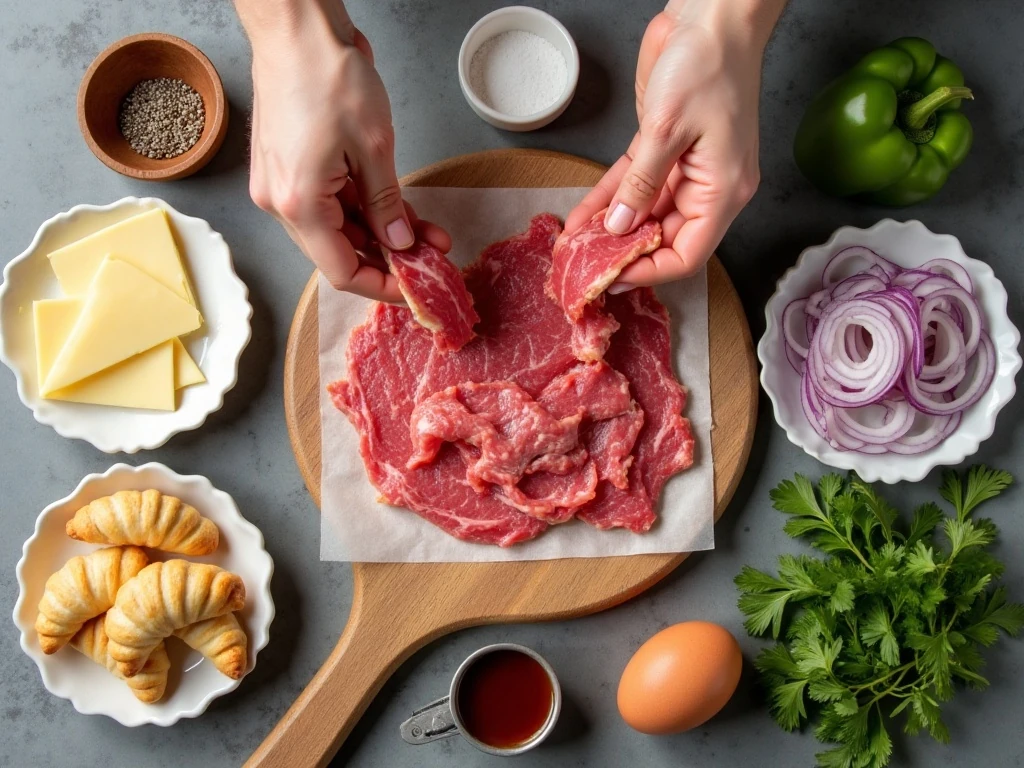 Ingredients for steak and cheese crescent rolls arranged on a counter