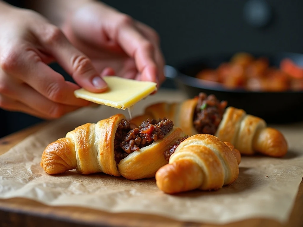 Filling crescent dough with steak, vegetables, and provolone cheese