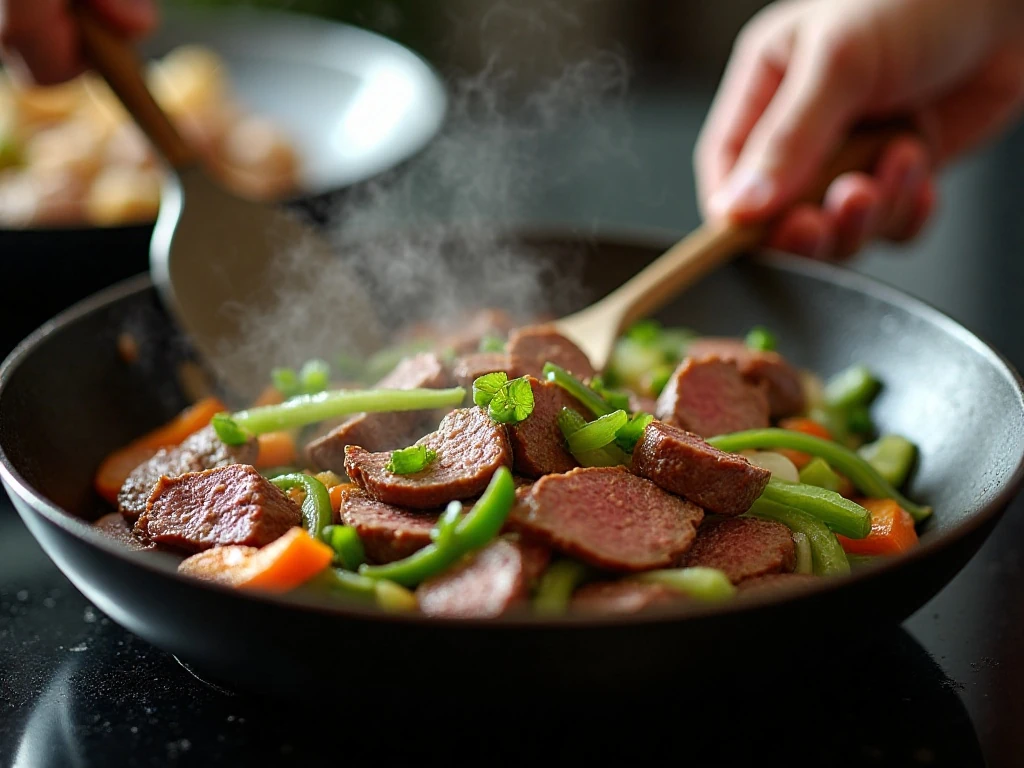 Thinly sliced steak cooking with onions and green peppers in a skillet