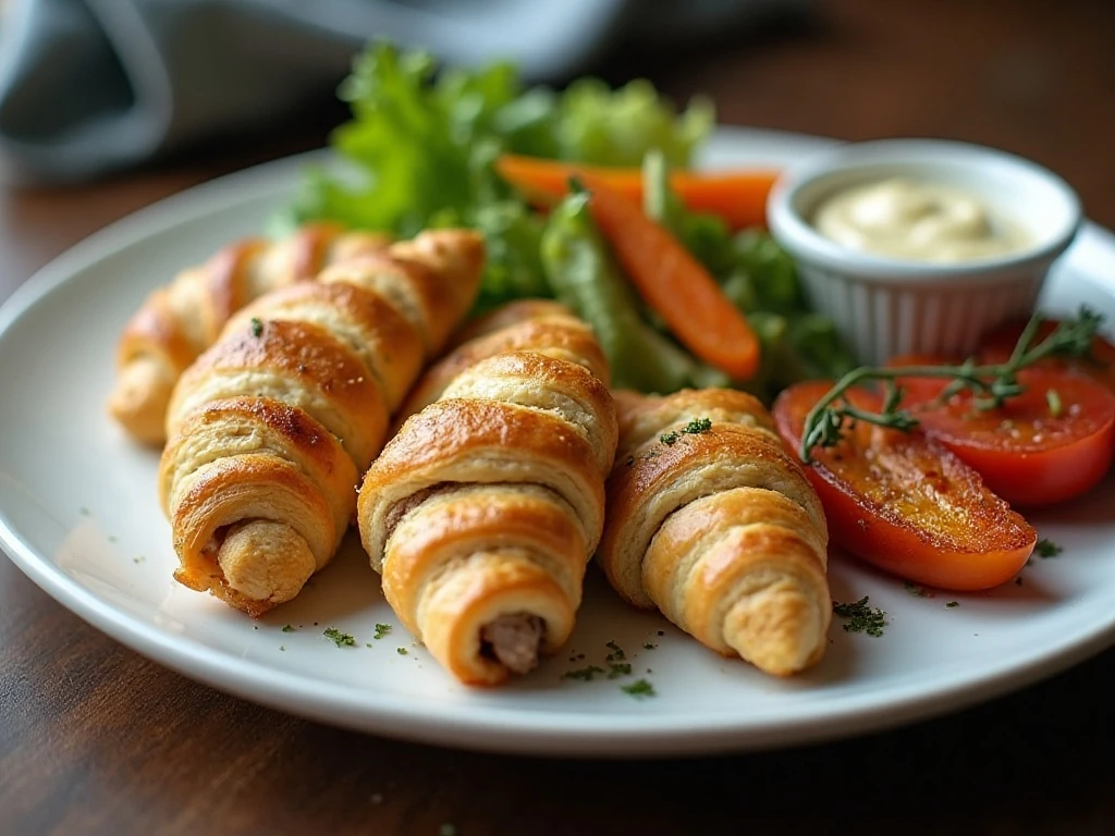 Steak and cheese crescent rolls served with salad and vegetables