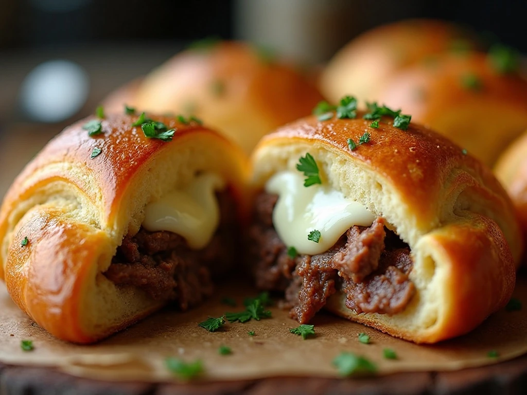 Cut-open steak and cheese crescent roll showing the melted cheese filling