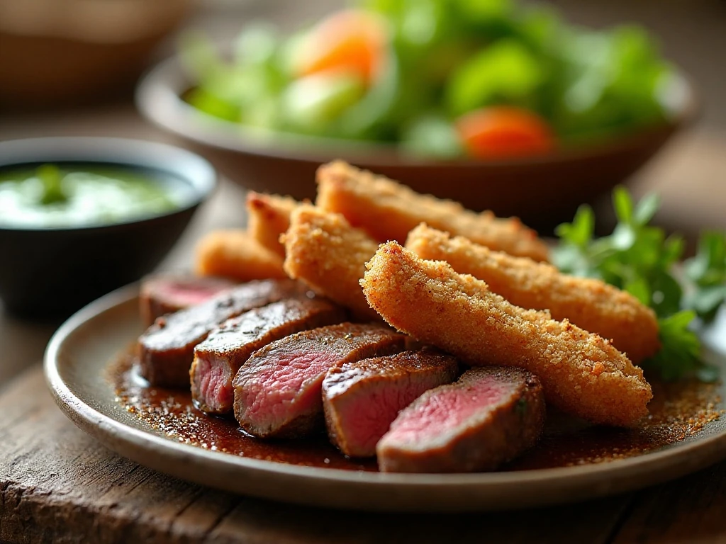 Crispy steak fingers served with fresh basil pesto sauce