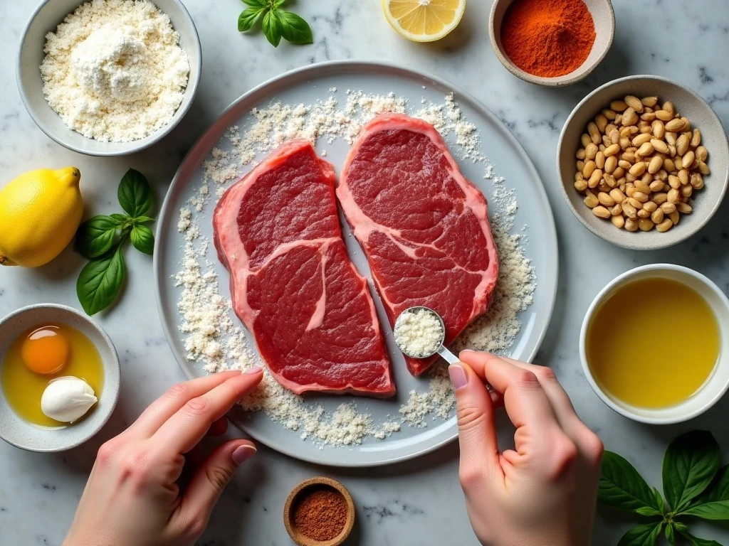 Ingredients for crispy steak fingers and pesto sauce