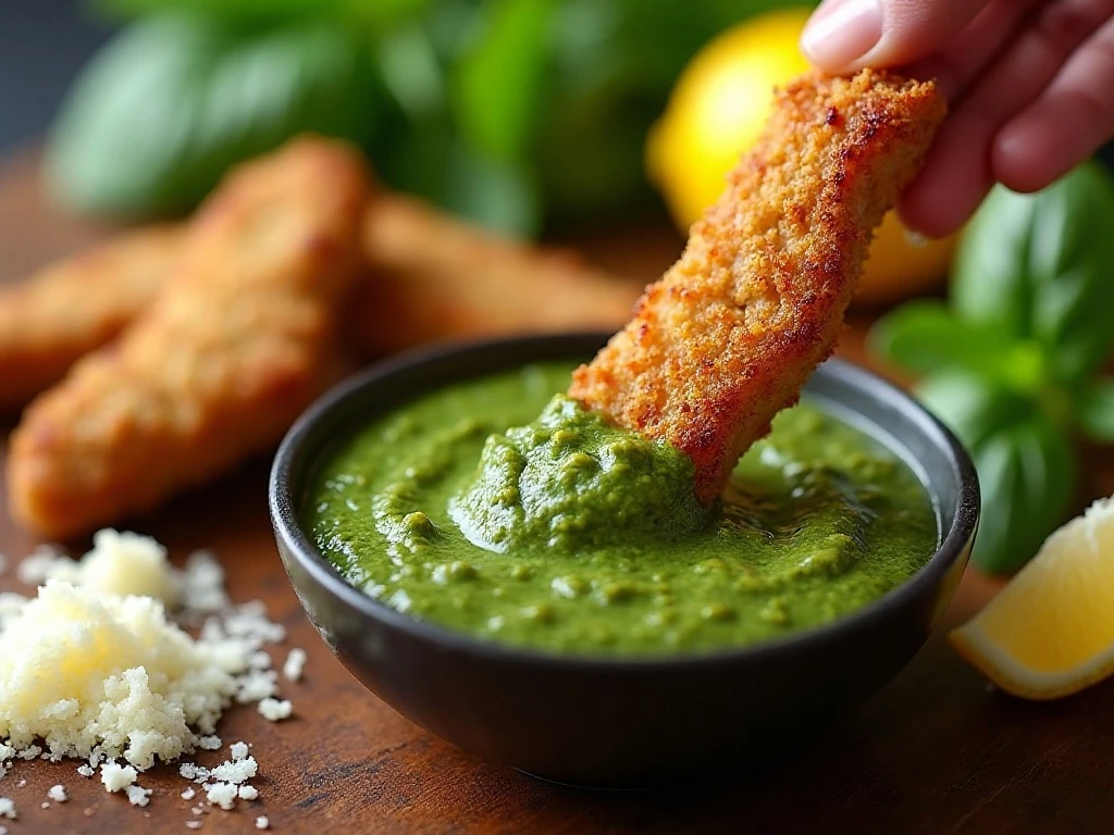 Crispy steak finger dipped in basil pesto