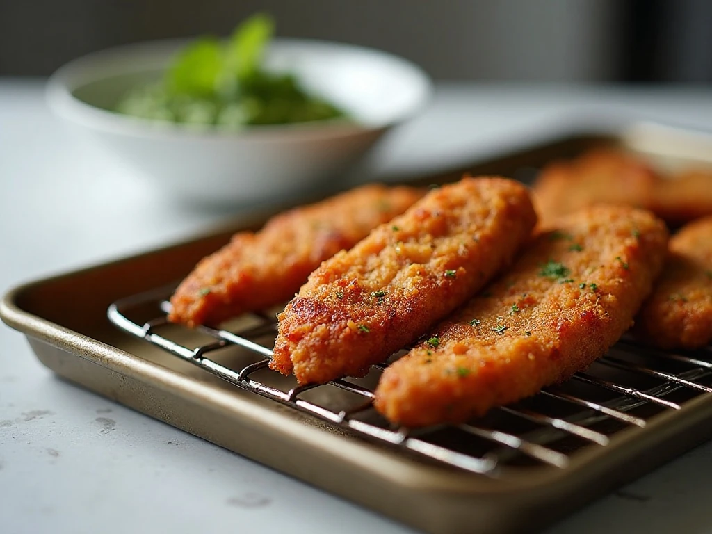Crispy steak fingers ready for reheating with pesto sauce