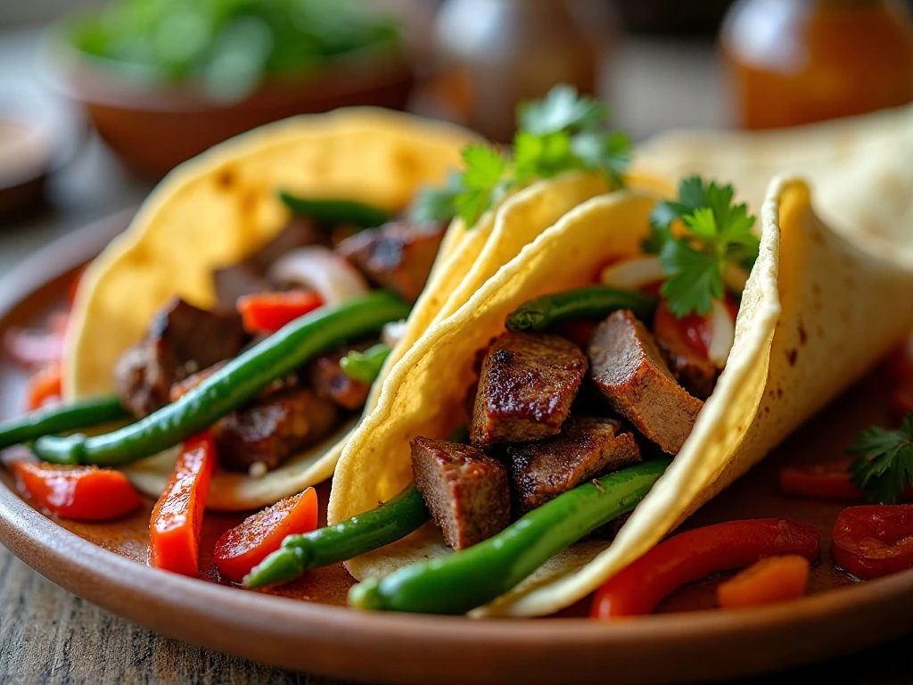 Steak and green bean fajitas served in warm flour tortillas