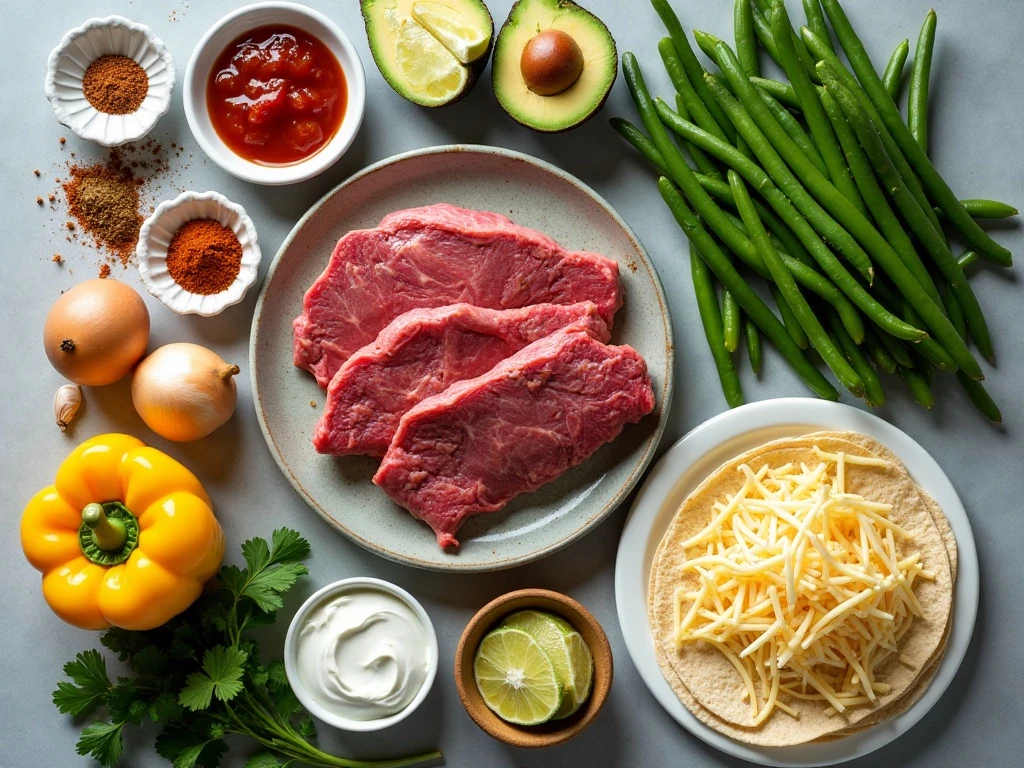 Ingredients for easy steak and green bean fajitas
