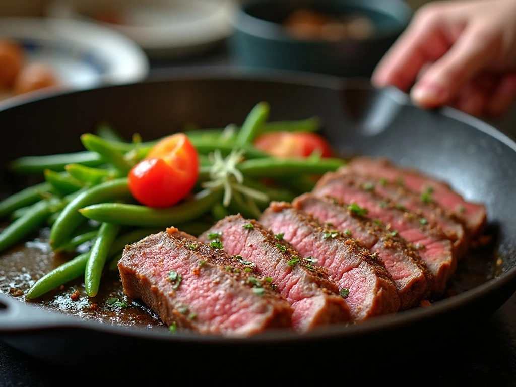 Steak and vegetables cooking in a hot skillet for fajitas