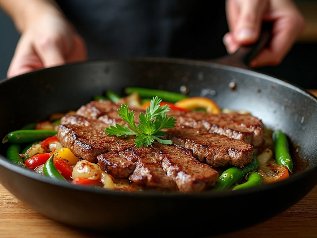 Thin steak slices and crisp vegetables searing in a skillet