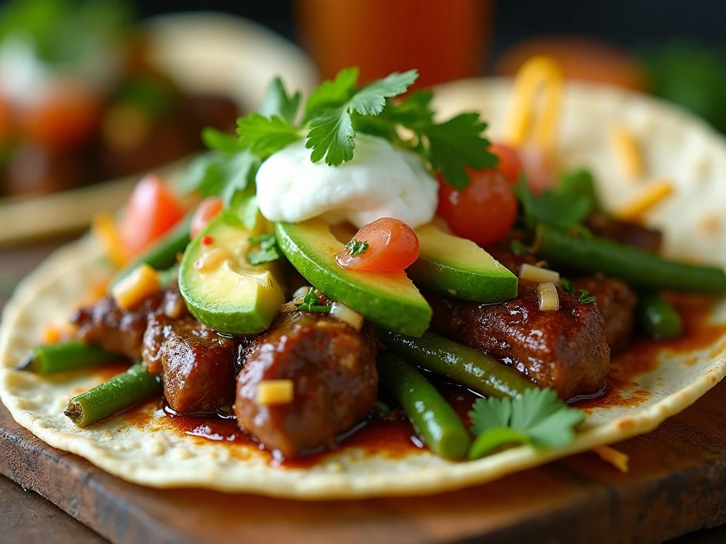 Garnished steak fajita with avocado cilantro lime and salsa