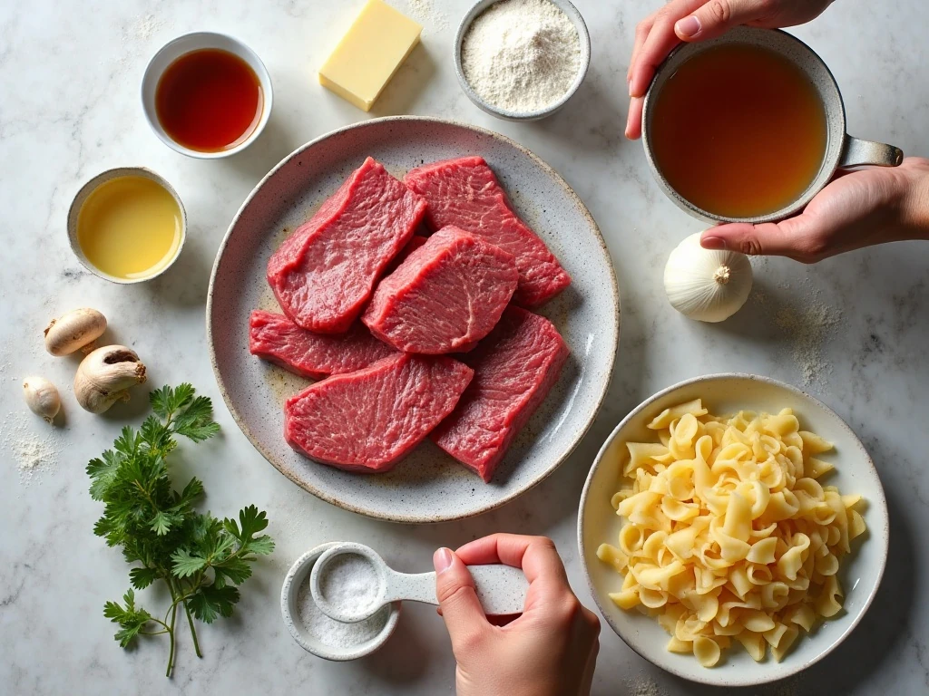 Ingredients for easy steakhouse beef tips with noodles