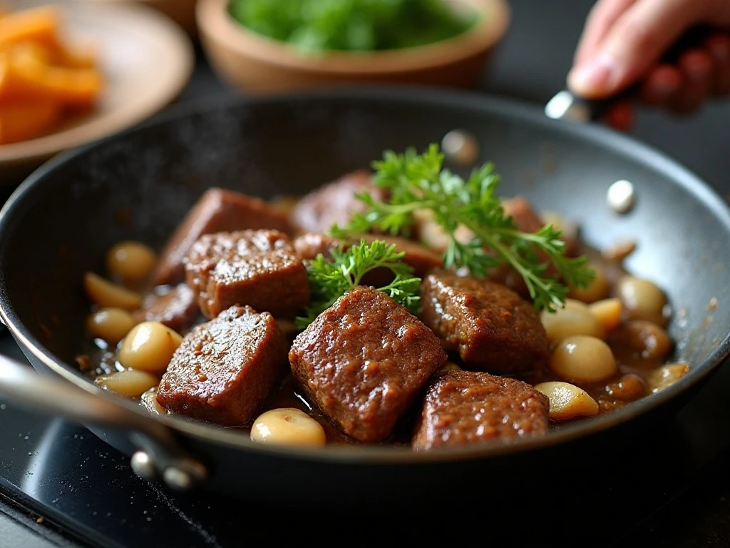 Beef tips, mushrooms, and onions cooking in a skillet