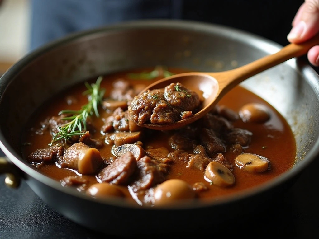 Rich brown gravy simmering with beef tips and mushrooms