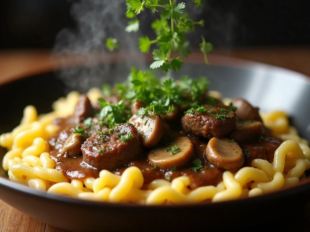 Parsley garnish on beef tips and noodles with mushroom gravy