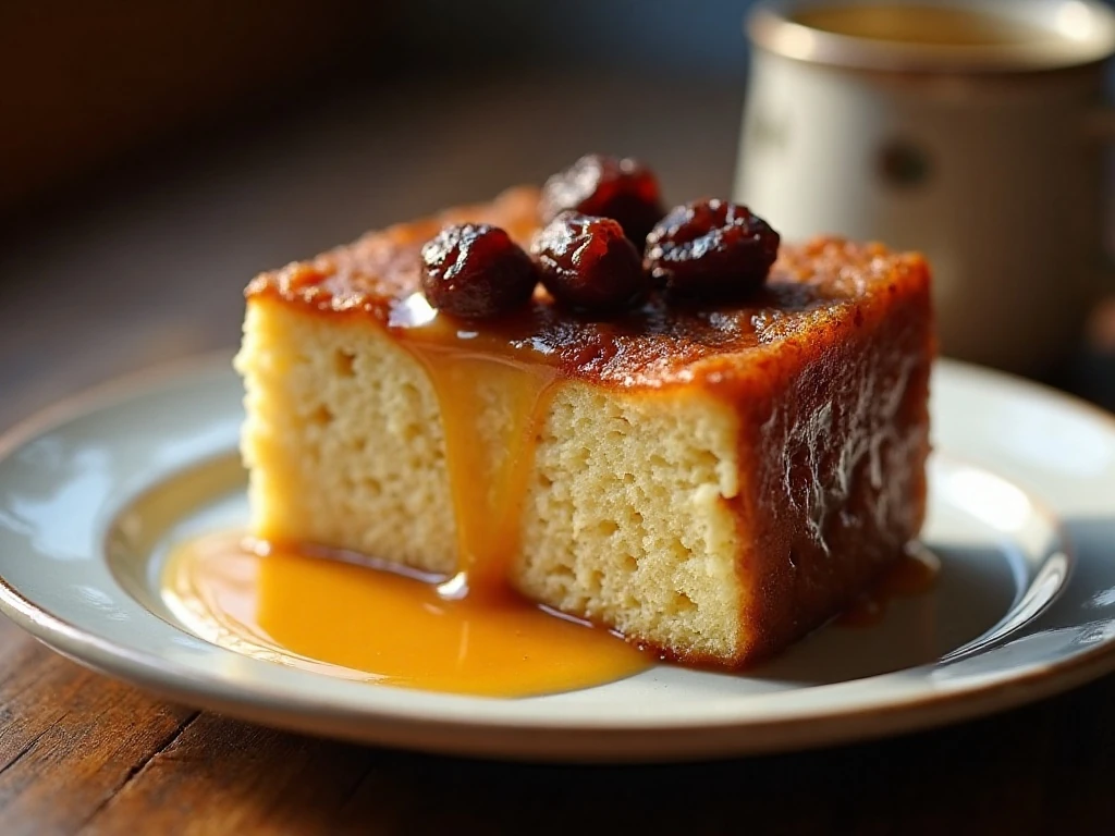 Warm steamed molasses raisin pudding served with vanilla custard sauce