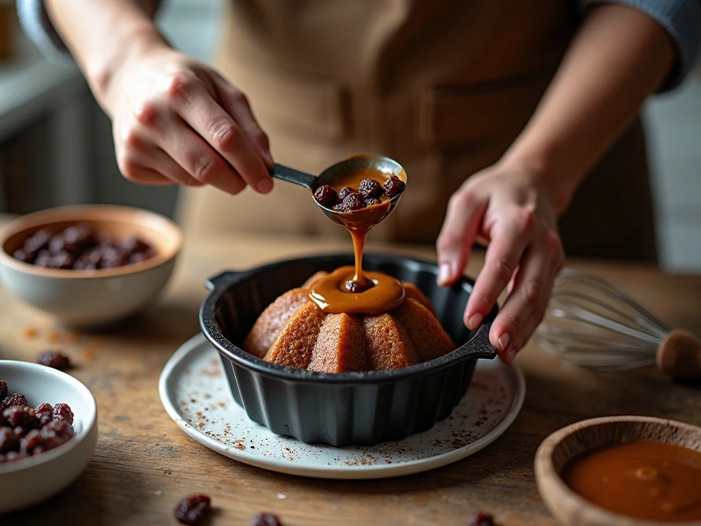 Pouring molasses raisin pudding batter into a prepared steaming mold