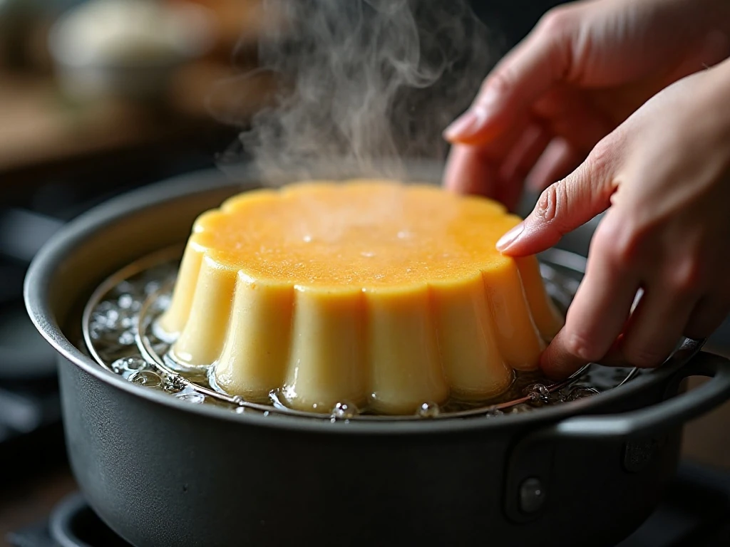 Steaming a covered molasses raisin pudding mold in a pot