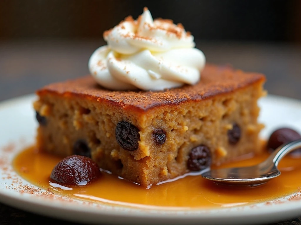 Molasses raisin pudding with whipped cream and custard sauce