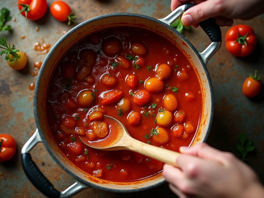 Stewed tomatoes simmering uncovered until thickened