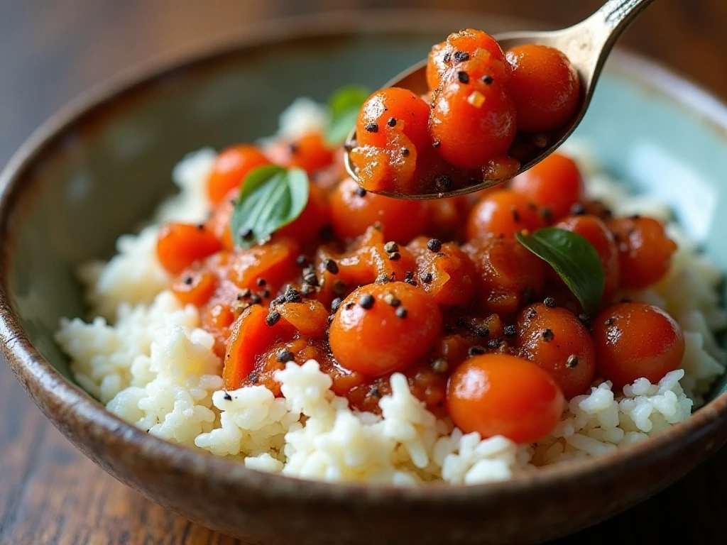 Stewed tomatoes spooned over rice for serving