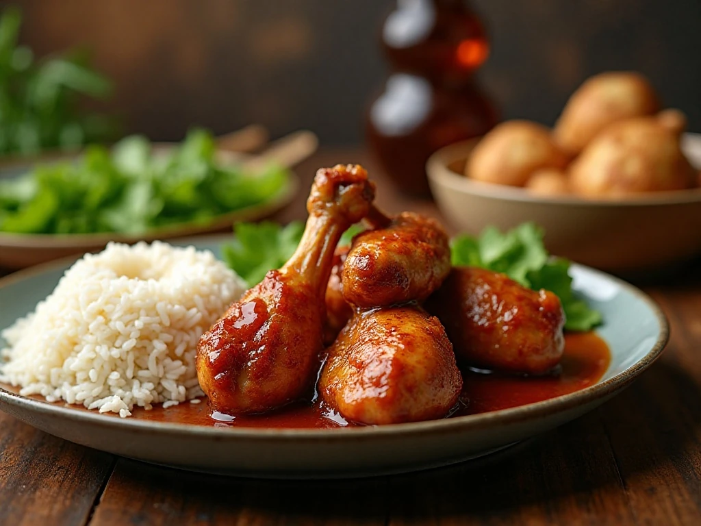 Sticky glazed chicken drumsticks served with rice and green vegetables