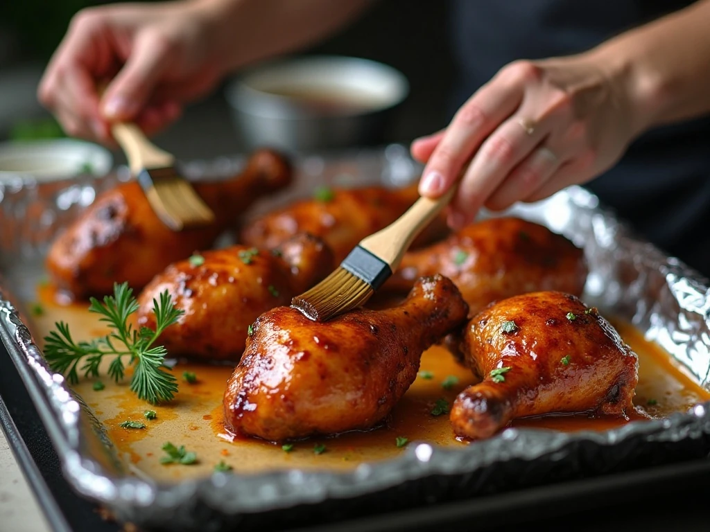 Brushing sticky glaze over chicken drumsticks before finishing in the oven