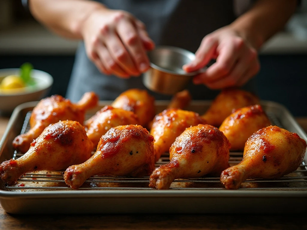 Chicken drumsticks roasting on a rack for an even glossy glaze