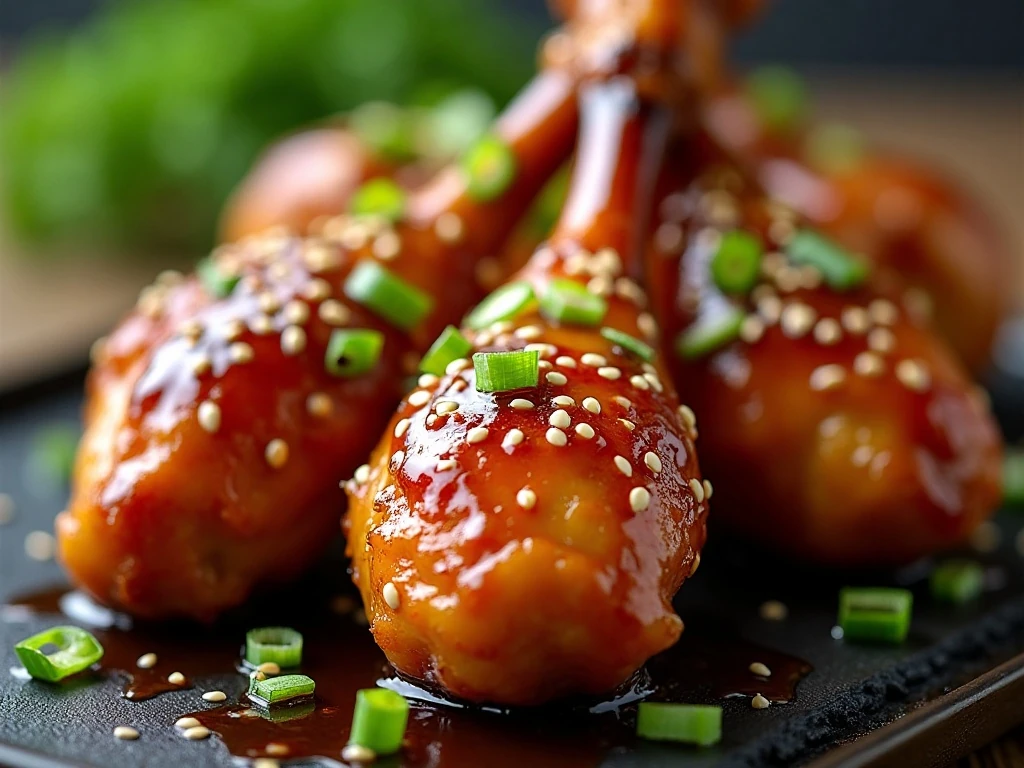 Sesame seeds and scallions garnishing sticky glazed chicken