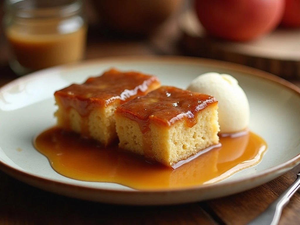 Warm sticky toffee apple cake served with toffee sauce and vanilla ice cream