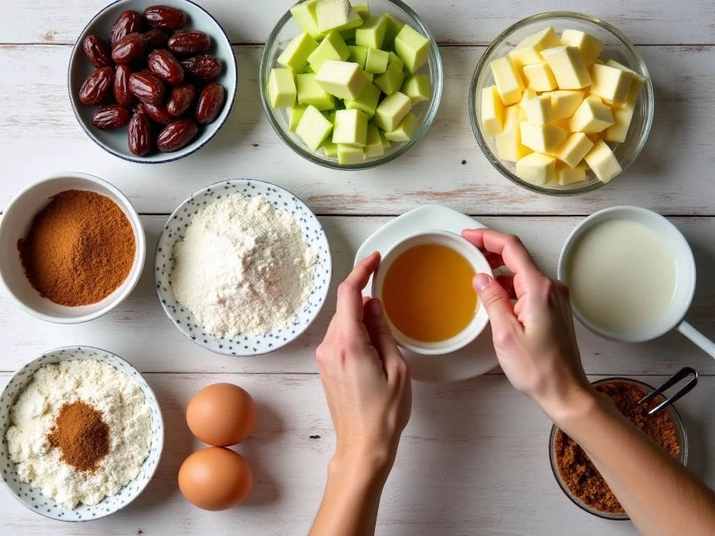 Ingredients for sticky toffee apple cake arranged on a work surface