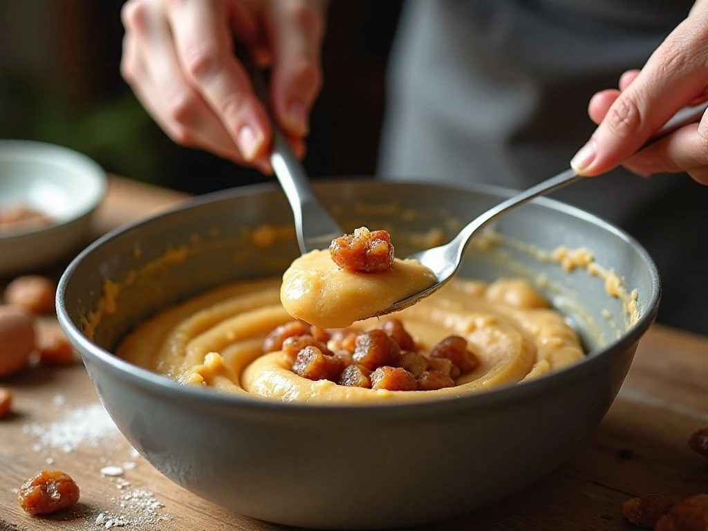 Folding dates and diced apples into sticky toffee cake batter
