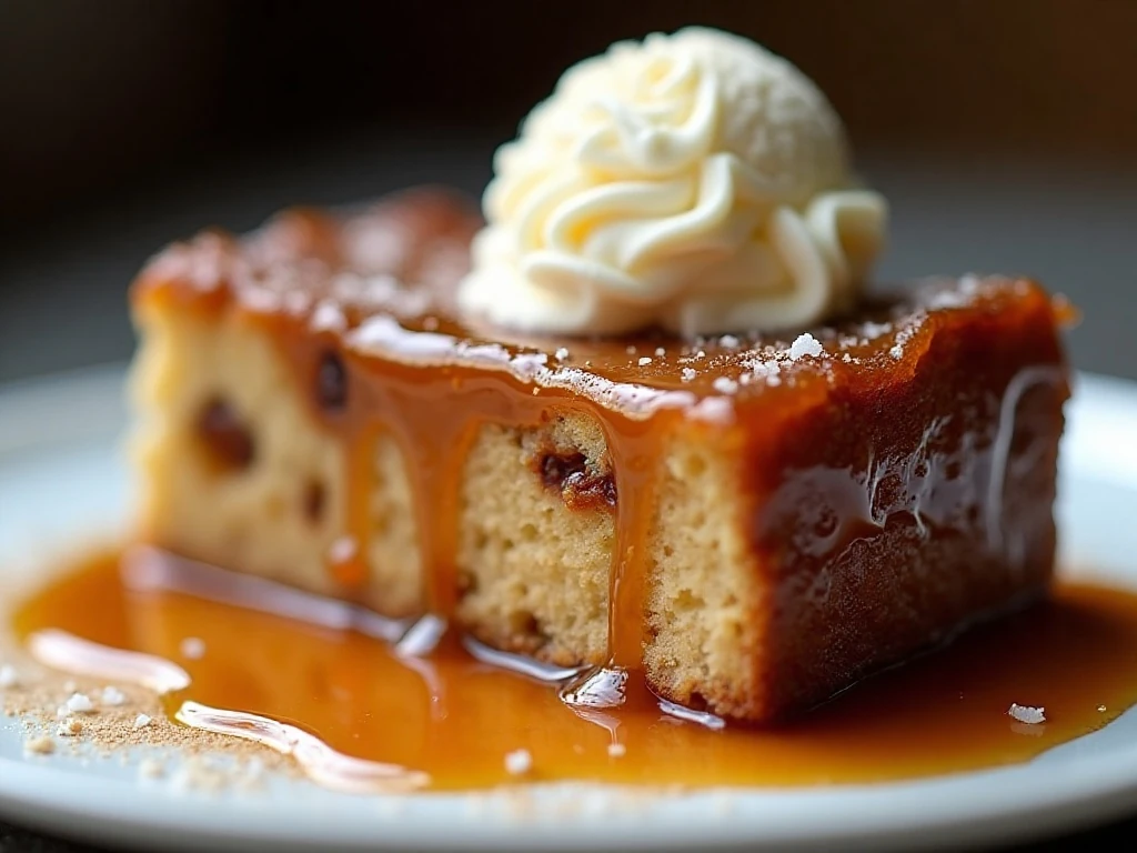 Close-up of toffee sauce, apple pieces, and tender cake crumb