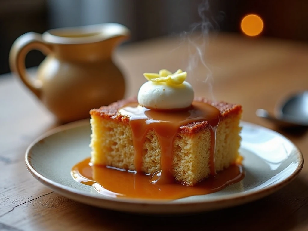Reheated sticky toffee apple cake served with warm toffee sauce