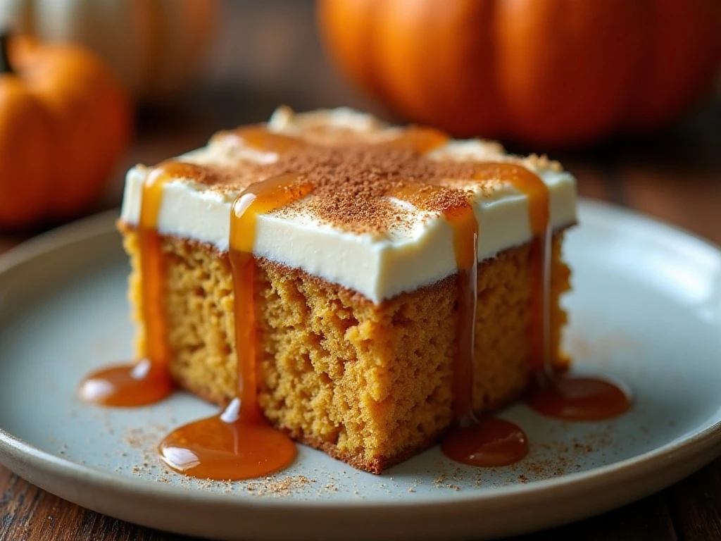 Slice of sticky toffee pumpkin cake with brown butter cream cheese frosting