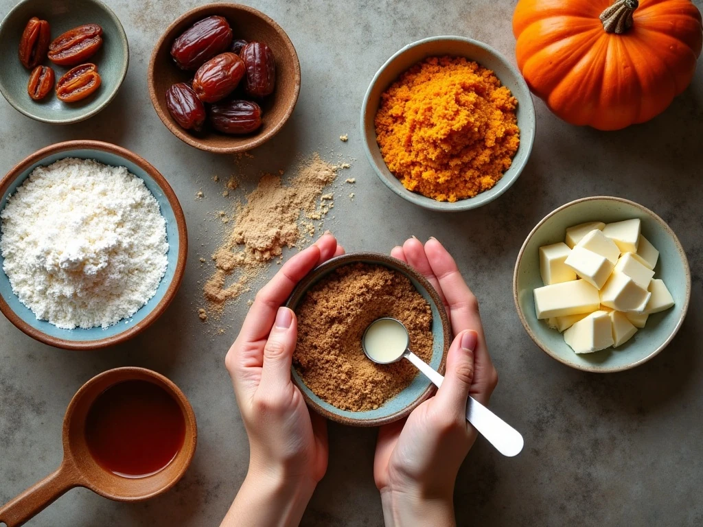 Ingredients for pumpkin date cake, toffee sauce, and brown butter frosting