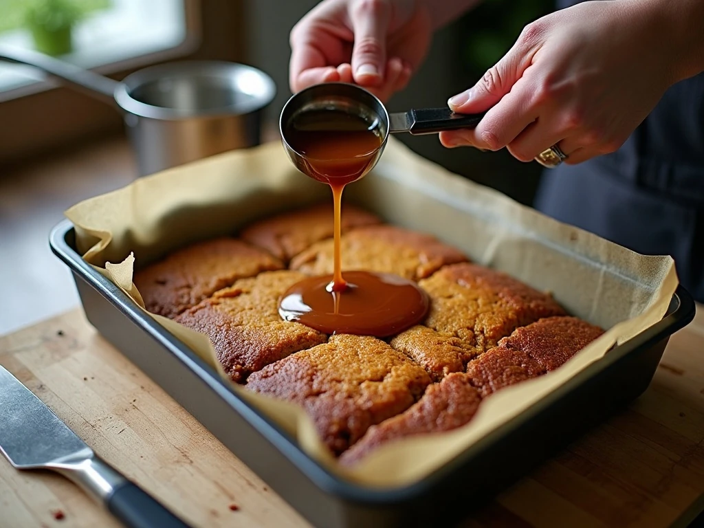 Pouring warm toffee sauce over freshly baked pumpkin cake