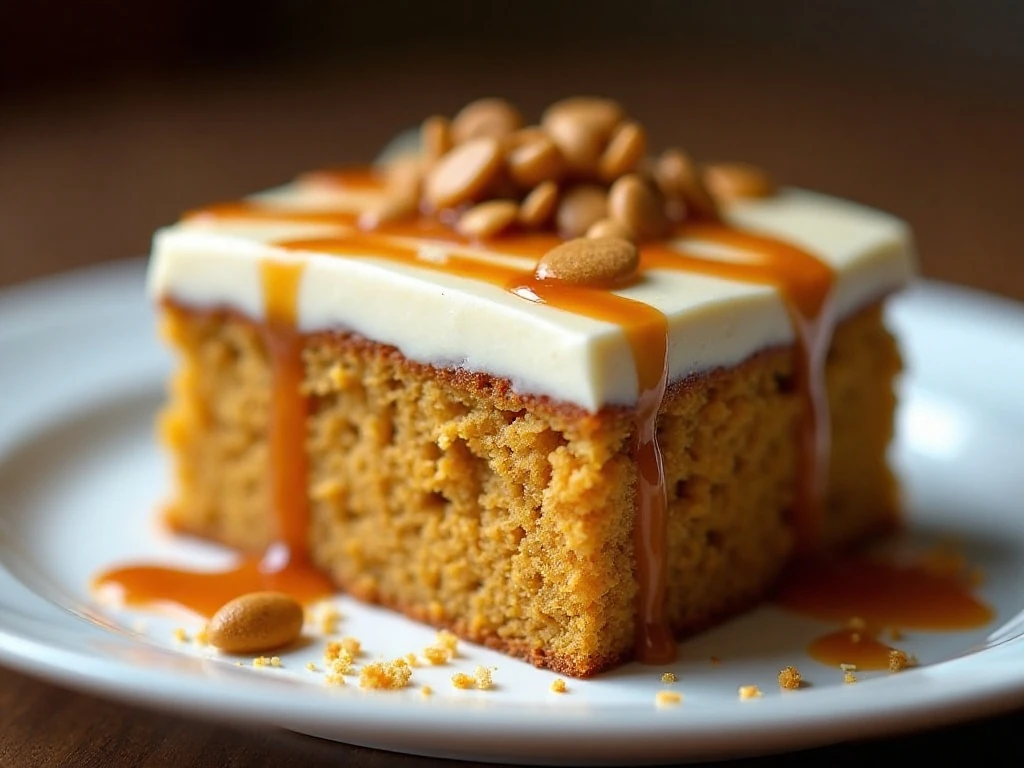Toffee-drizzled pumpkin cake square ready to serve