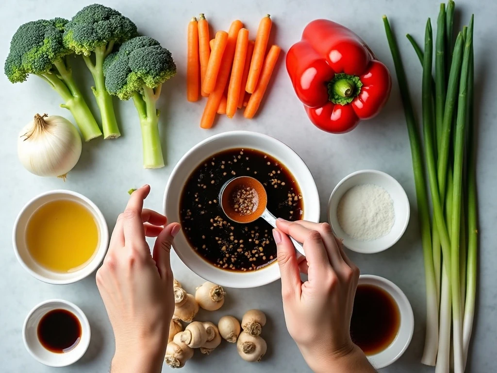 Ingredients for vegetable stir-fry with Chinese black bean sauce