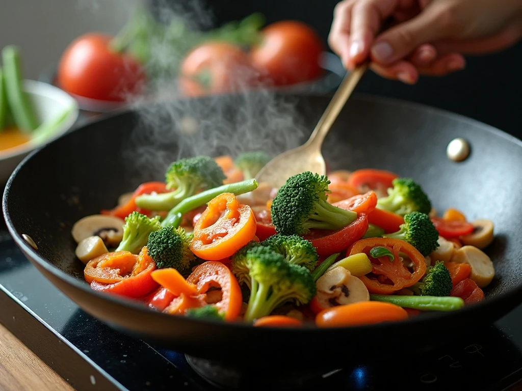 Vegetables cooking in a hot wok for black bean stir-fry