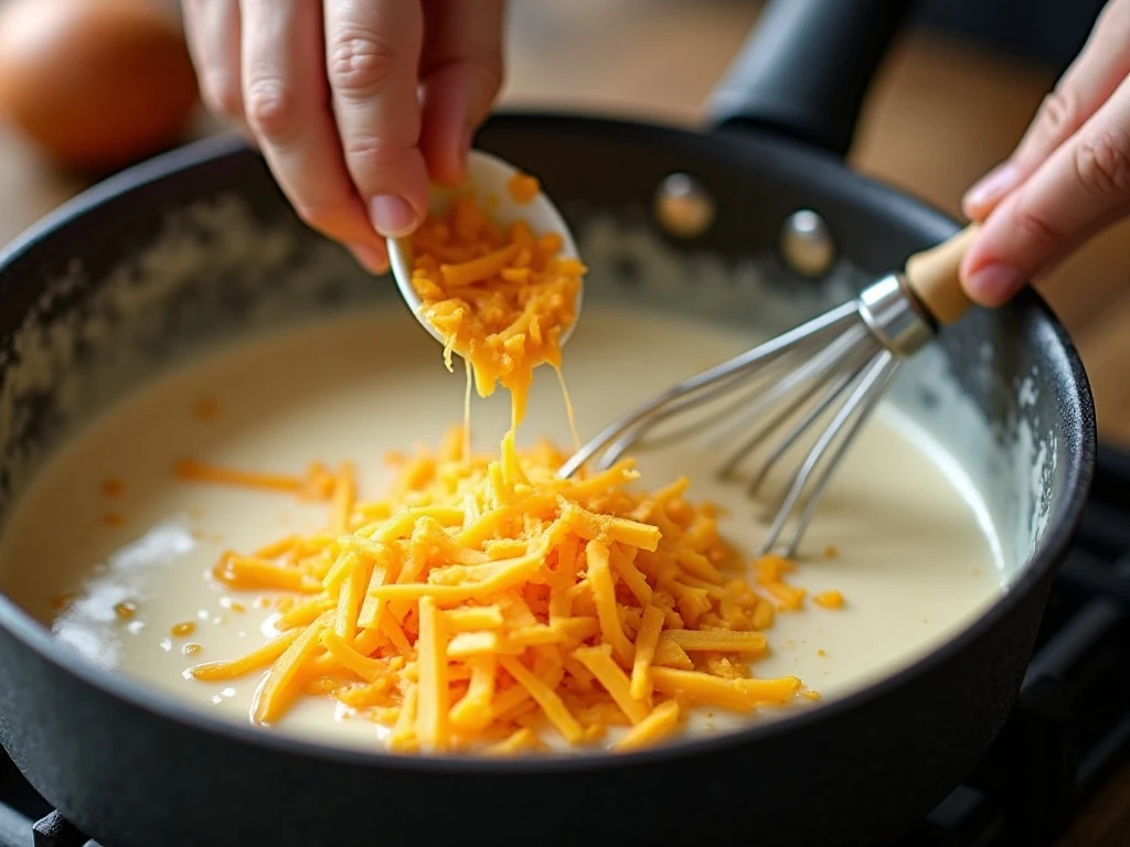 Melting shredded cheese into a creamy sauce