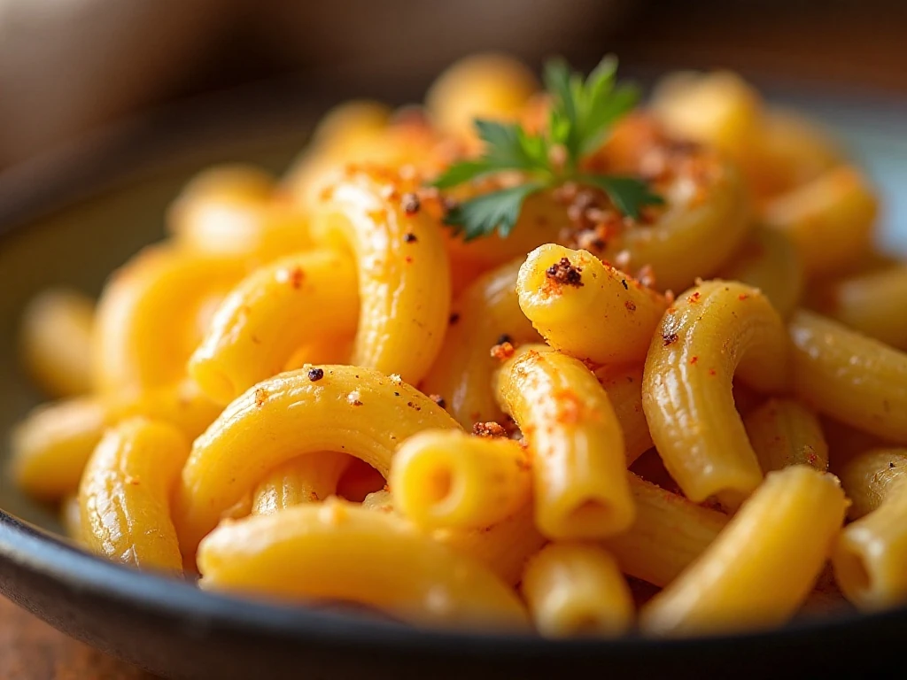 Garnished creamy macaroni and cheese close-up