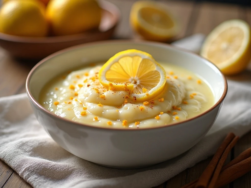 Creamy sweet lemon rice pudding served warm with lemon zest and cinnamon
