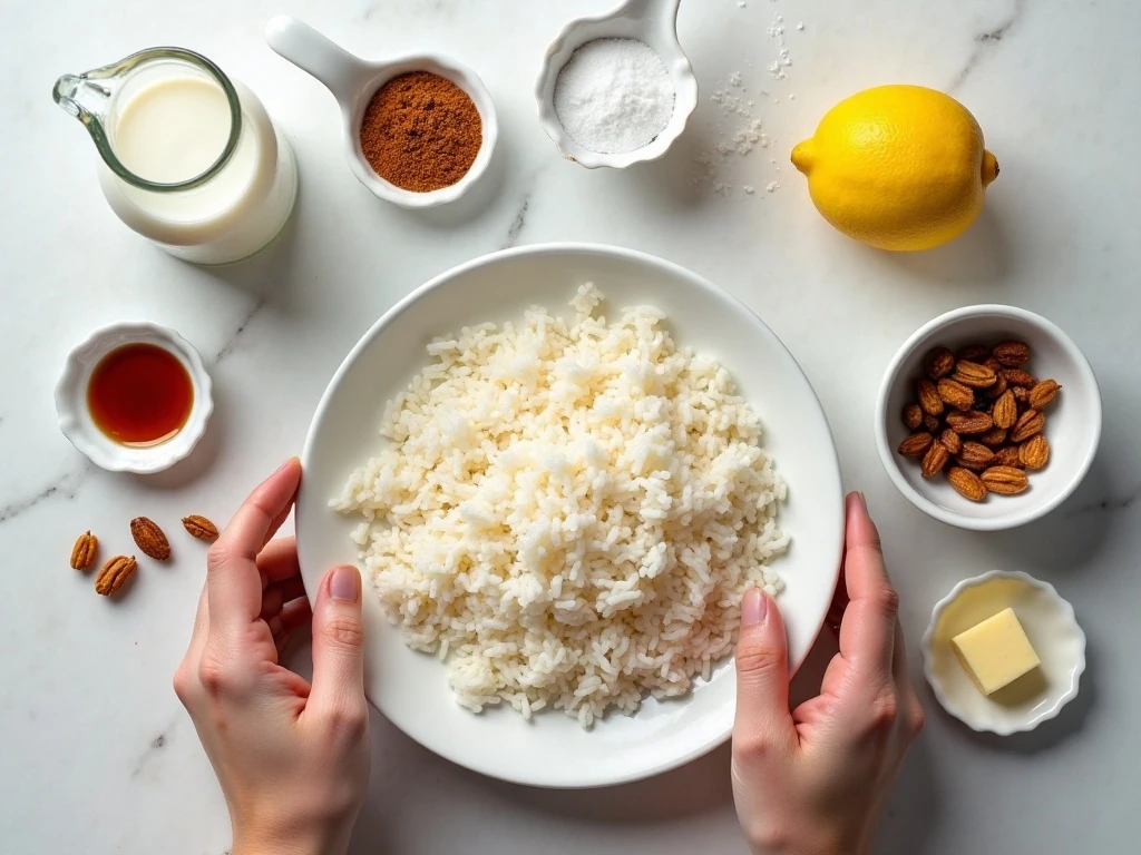 Ingredients for stovetop sweet lemon rice pudding