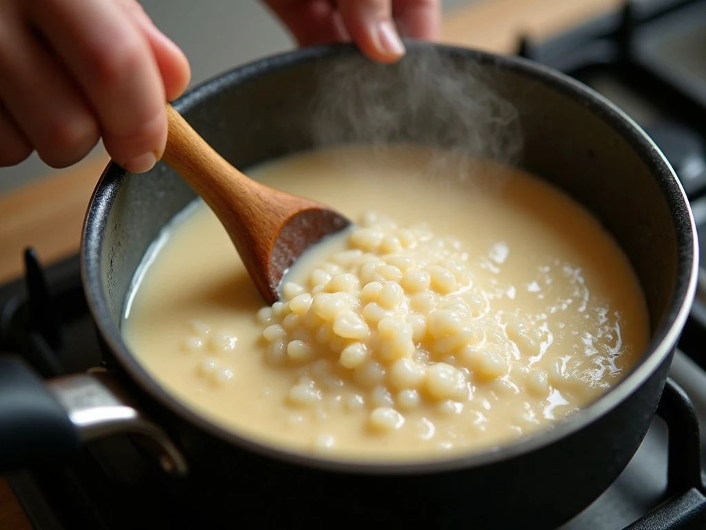 Stirring rice pudding with milk and lemon zest on the stovetop