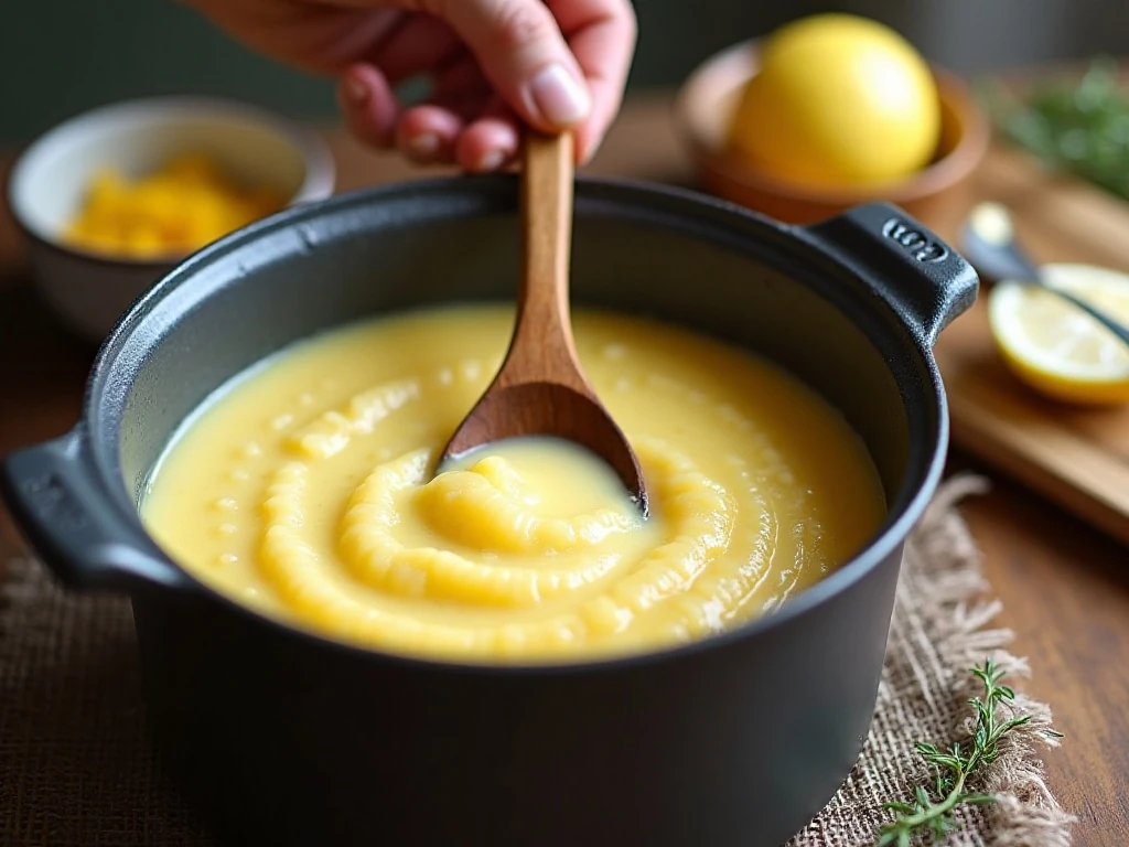 Creamy lemon rice pudding thickening in a heavy saucepan