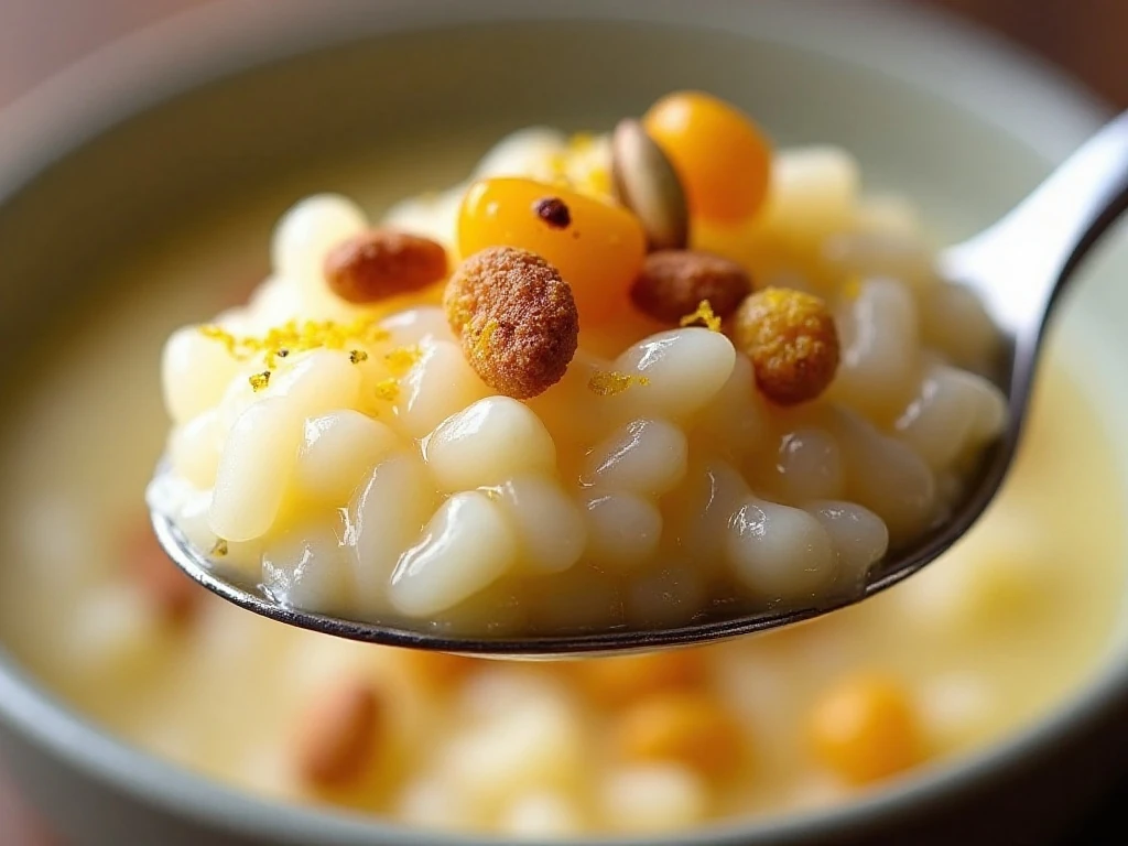 Lemon rice pudding topped with cinnamon raisins pistachios and lemon zest