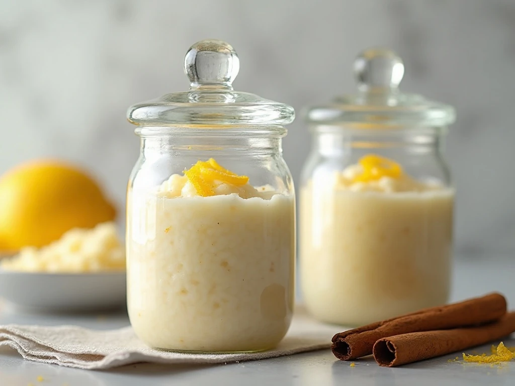 Stored and freshly served sweet lemon rice pudding